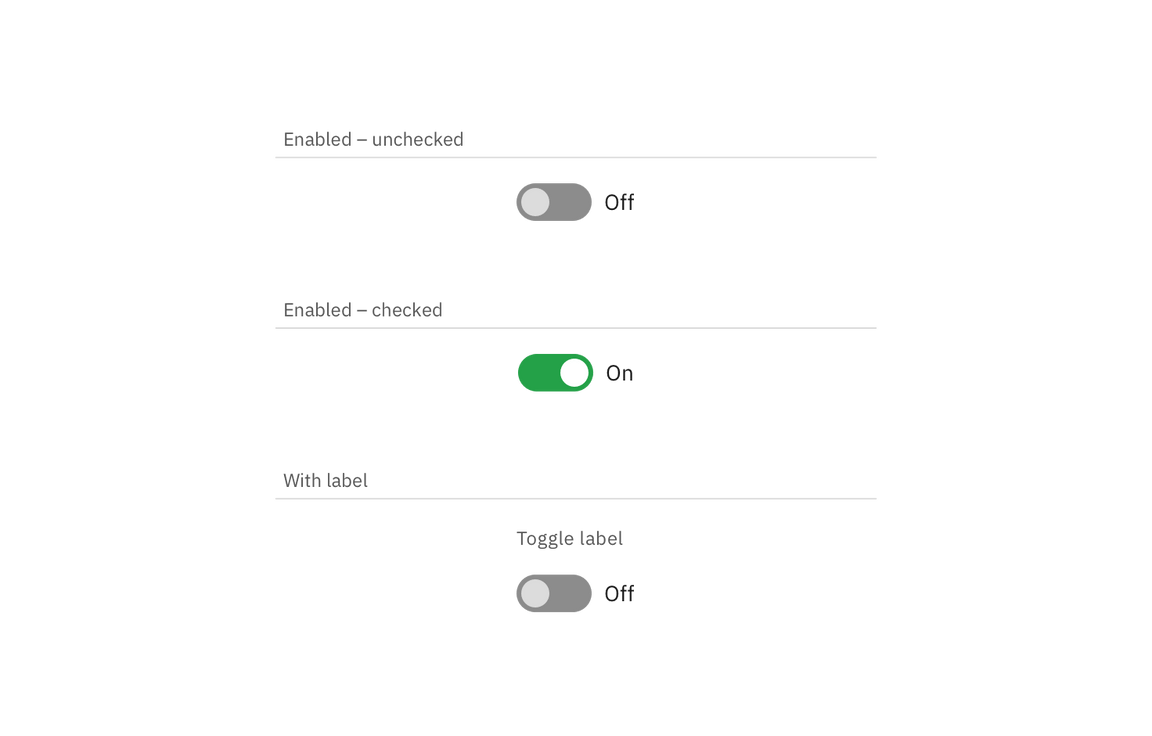 Inactive, inactive hover, and active states for a toggle